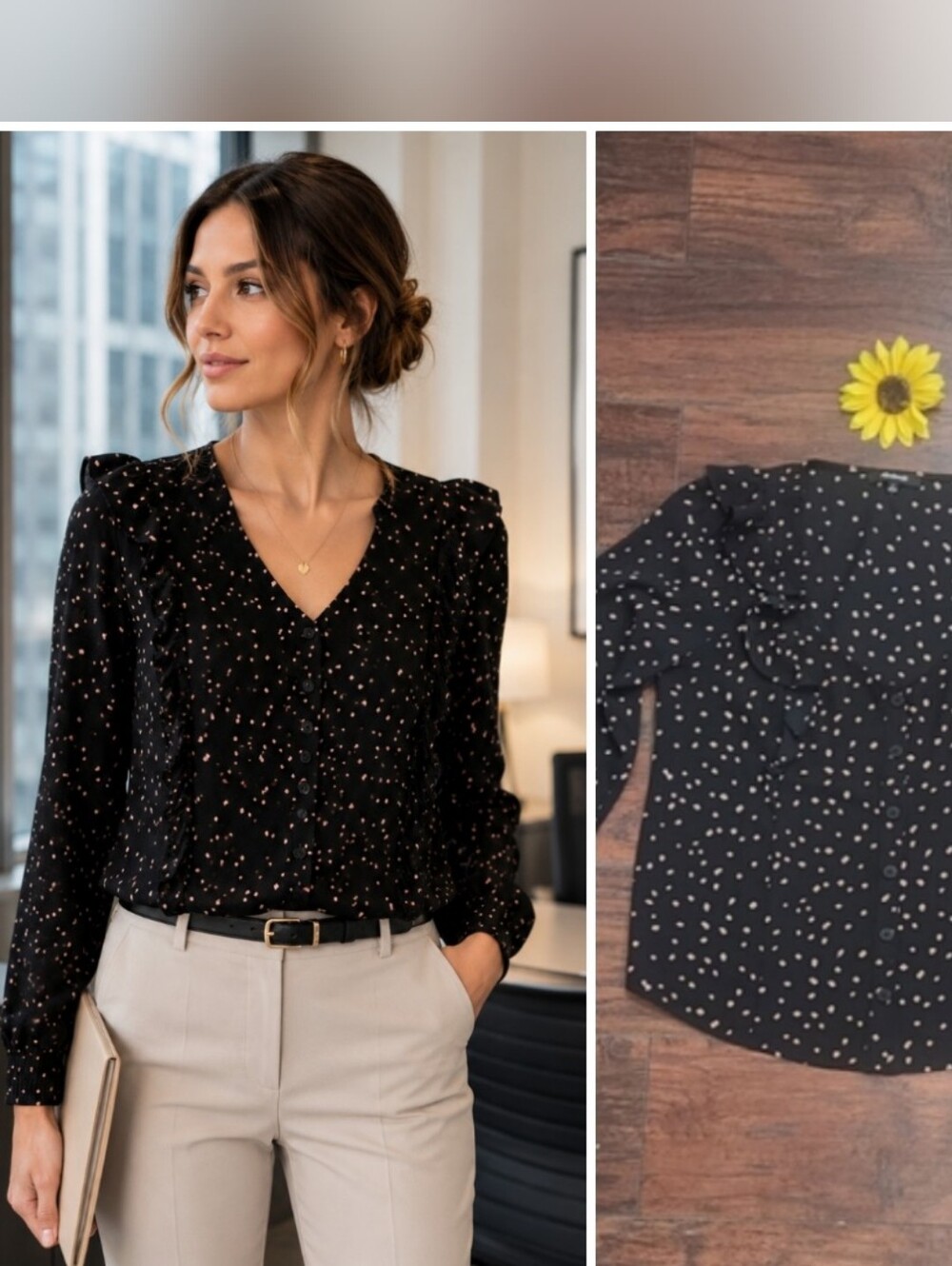 Madewell Black Ruffled Button-Front V-Neck Semi-Sheer Textured Blouse Top Small